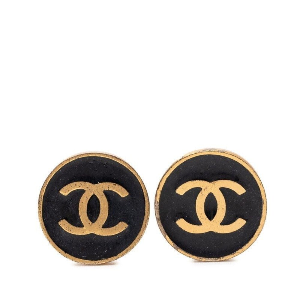Chanel CC Logo Round Plated Enamel Earrings Gold